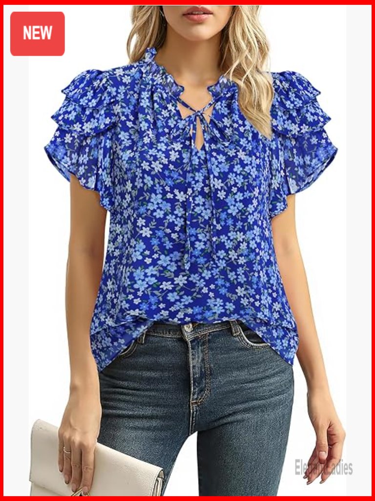 Elegant Ruffle Short Sleeve Chiffon Blouse - Dressy Casual Work Top